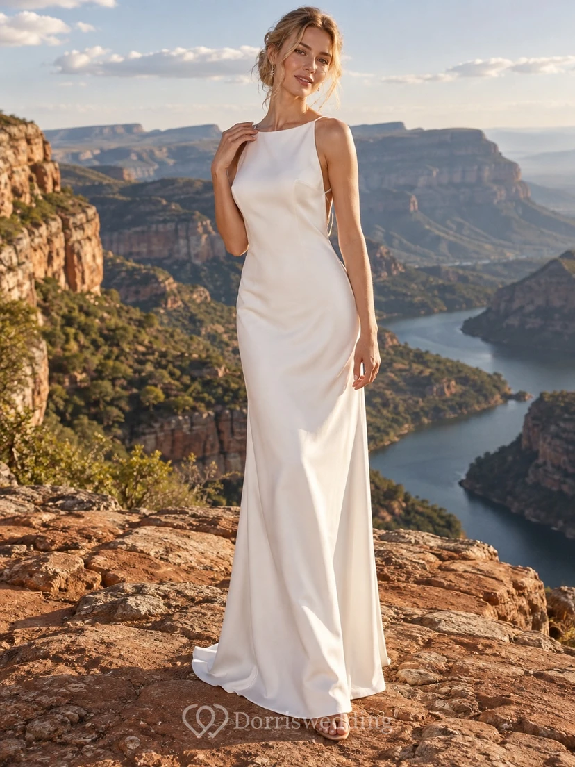 Vestido de novia sencillo de satén sin mangas con escote joya y tirantes cruzados en la espalda descubierta