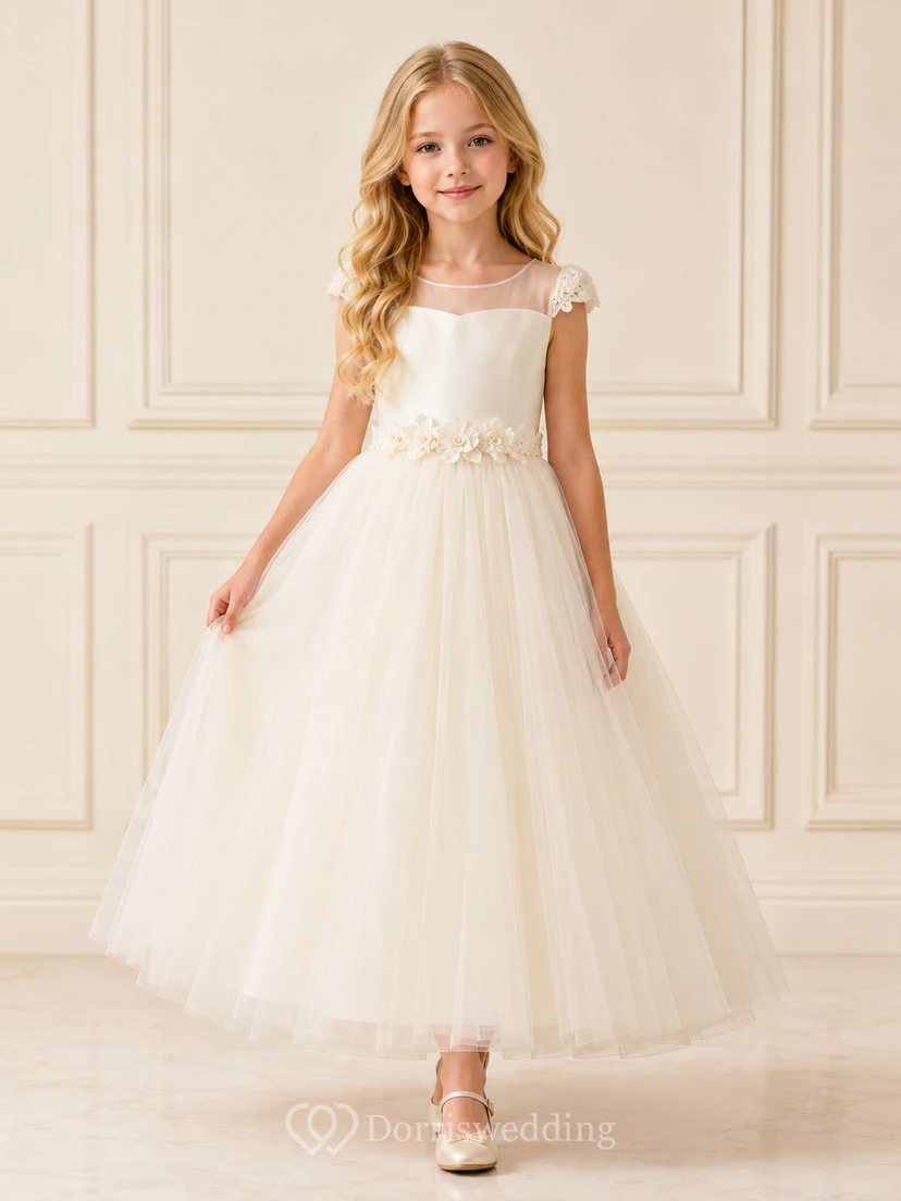 Lace Floral Applique Sleeveless Tulle Tea-Length A-Line Formal Flower Girl Dress