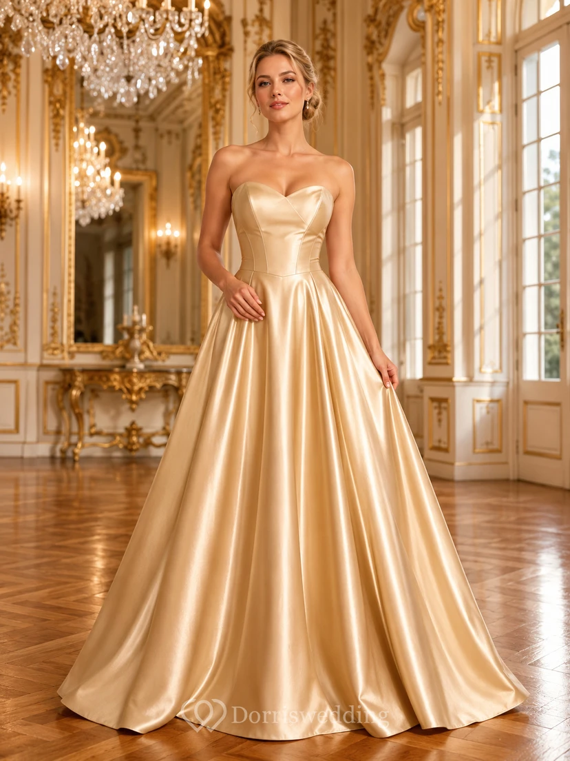 Robe de bal bustier plissée en satin doré