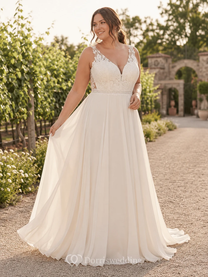 Robe de mariée romantique grande taille en mousseline de soie, col V, bretelles en dentelle, coupe trapèze, dos nu, à bretelles en dentelle et décolleté en V