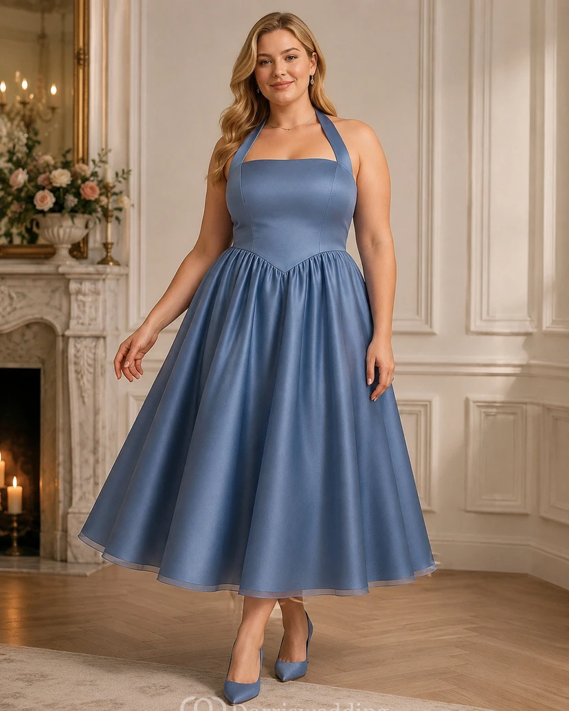Burgundy Halter A-line Tea-length Dress view 4