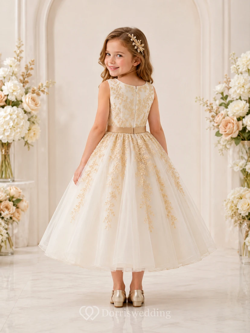 Champagne Gold Floral Tulle A-Line Flower Girl Party Dress with Sleeveless Appliques and Bow view 2