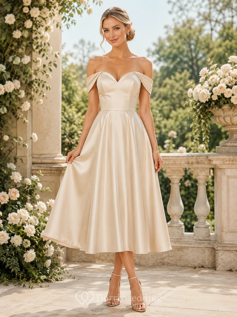 Elegante vestido de novia vintage de satén con escote de hombros descubiertos y corte en A, estilo juzgado, largo hasta la rodilla.