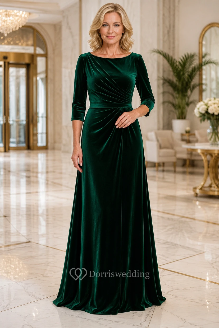 Dunkelgrünes Samtkleid in A-Linie mit 3/4-Ärmeln