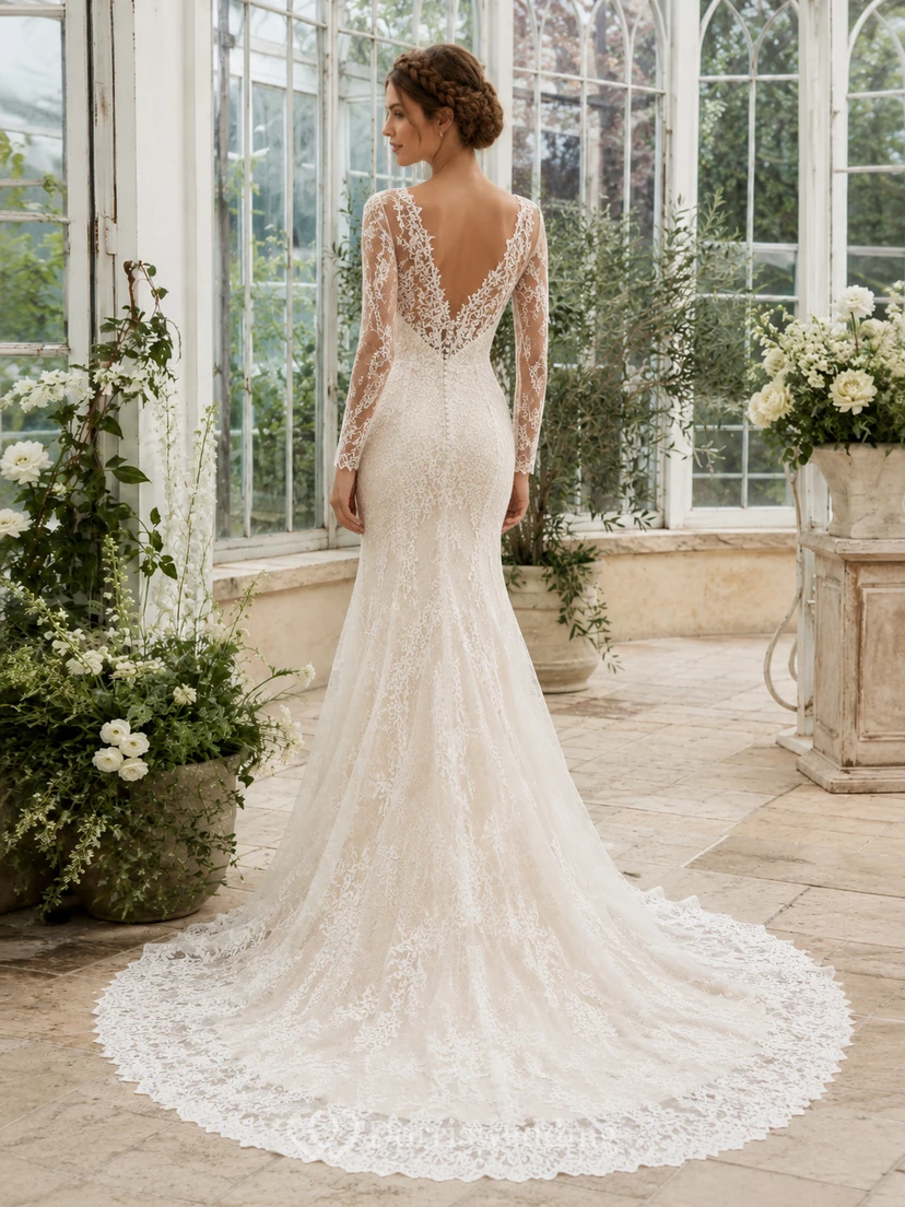 Robe de mariée sirène élégante en dentelle, décolleté en V profond, manches longues transparentes, traîne chapelle, applications florales, dos nu plongeant et manches longues transparentes. view 2