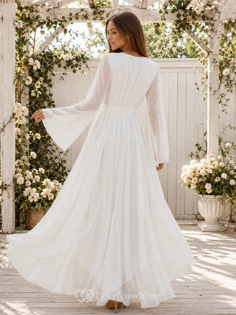 White V-Neck Poet Sleeve Chiffon Bohemian Formal Gown view 2