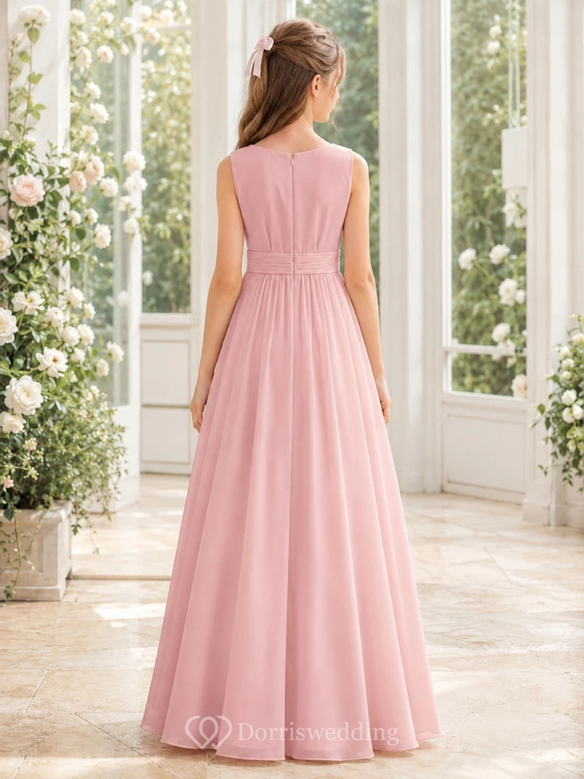 Elegantes, ärmelloses, bodenlanges A-Linien-Brautjungfernkleid in zartem Rosa aus Chiffon mit hohem Kragen view 2