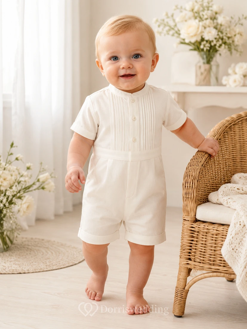 White Pinstripe Bib Peter Collar Short Sleeve Formal Romper for Baby Boy