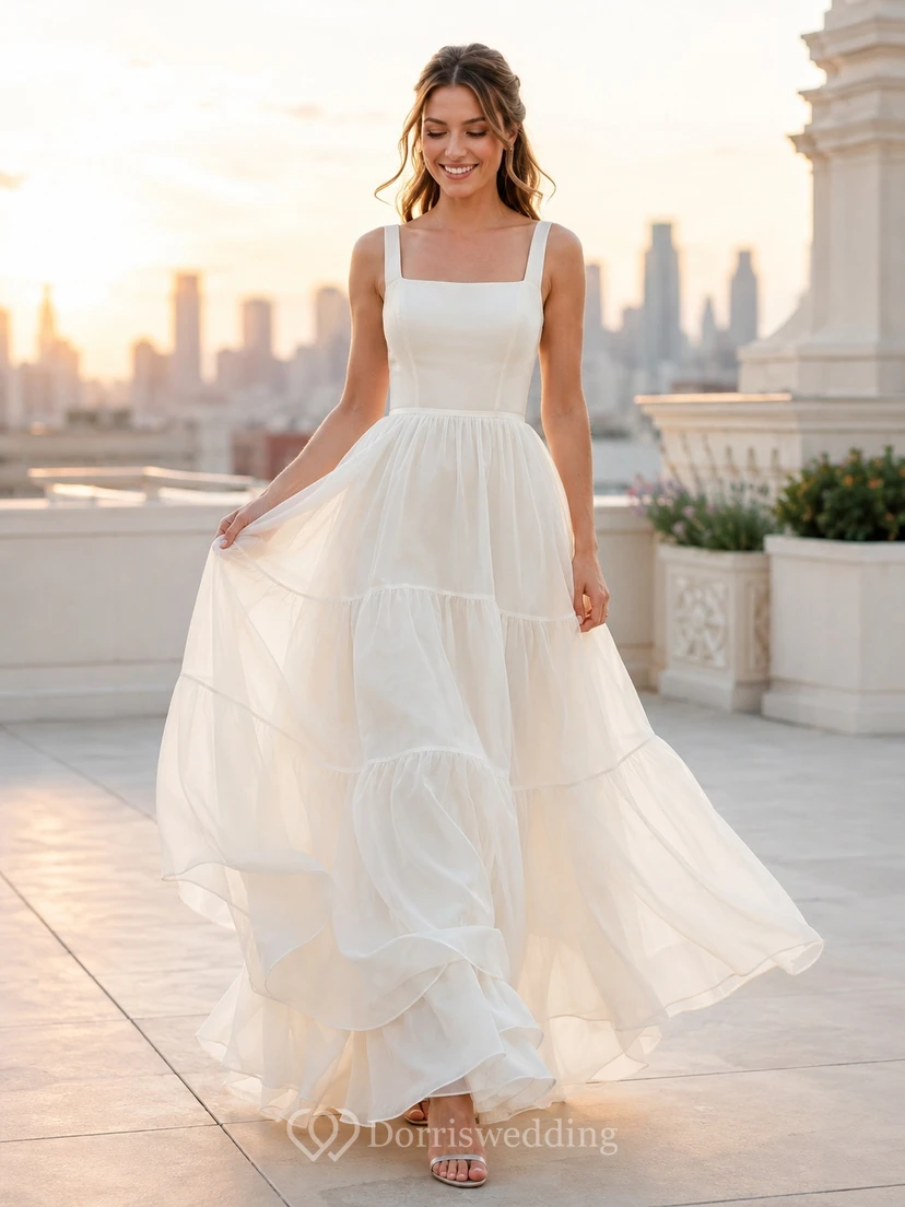 Simple Square Neck Strap Tiered Chiffon A-Line Floor-Length Civil Elopement Wedding Dress
