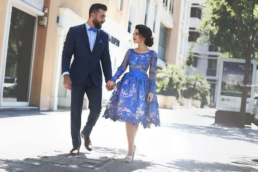Zartes, ruyalblaues Applikations-Abendkleid mit langen Ärmeln view 6