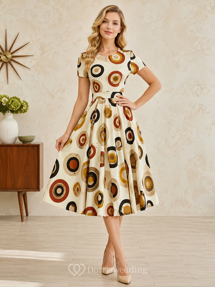 Vestido midi retro de manga corta con estampado de círculos color crema