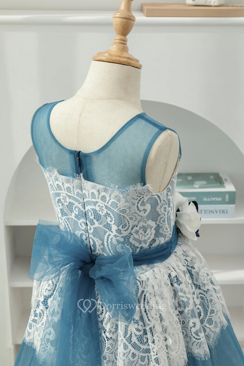 Lace Two-Tone White and Blue Ball Gown Flowergirl Dress with Petals view 8