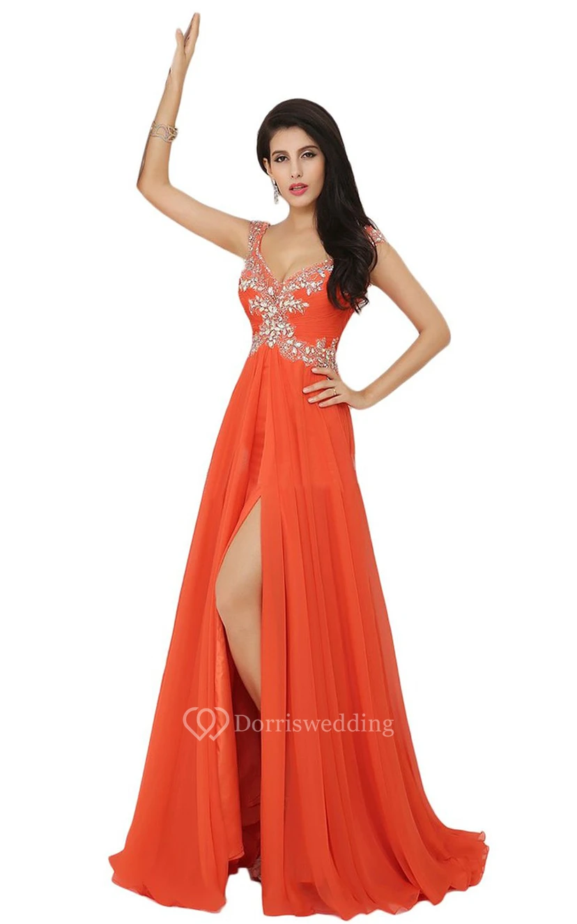 V-neck High-slit A-line Gown With Beaded Appliques view 3