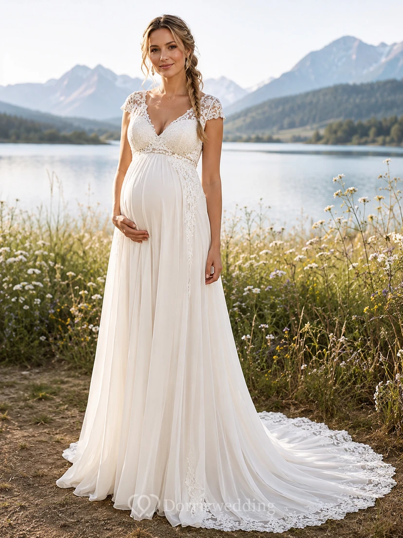 Maternity V Neck Lace Cap Sleeve Mountain Wedding Dress