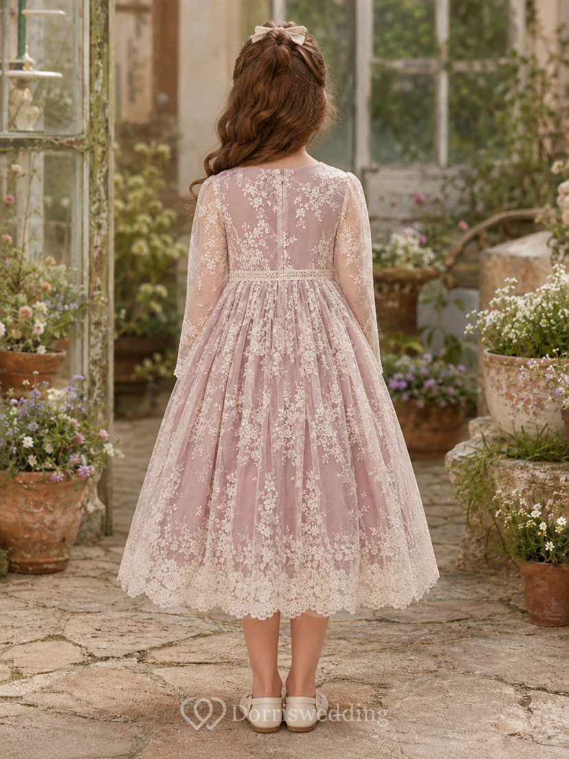 Blumenmädchenkleid, mauve, aus Spitze und Tüll, A-Linie, lange Ärmel, Rundhalsausschnitt, Teelänge view 2