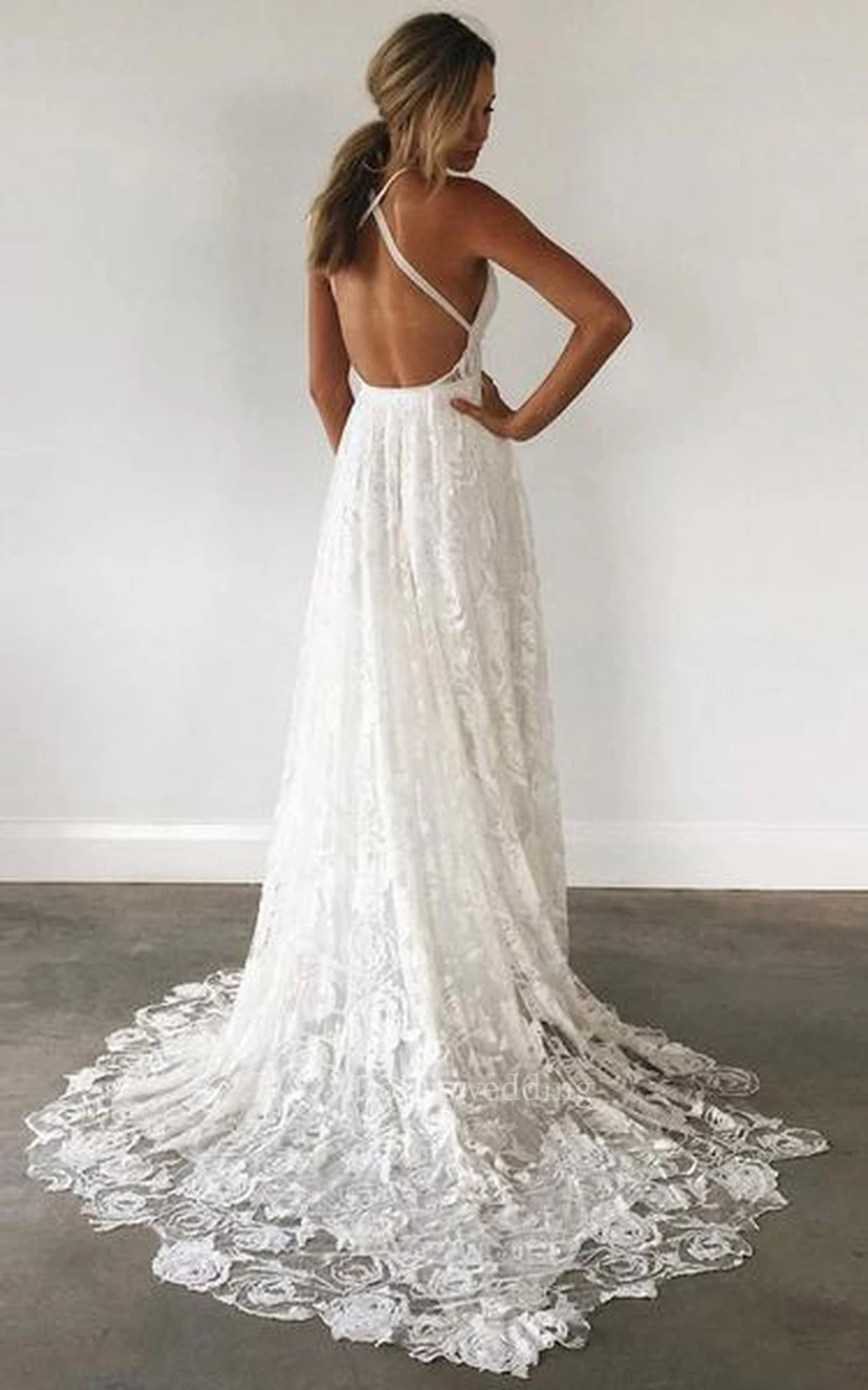 Robe de mariée sexy à bretelles spaghetti et fente sur le devant, sans manches et dentelle. view 10