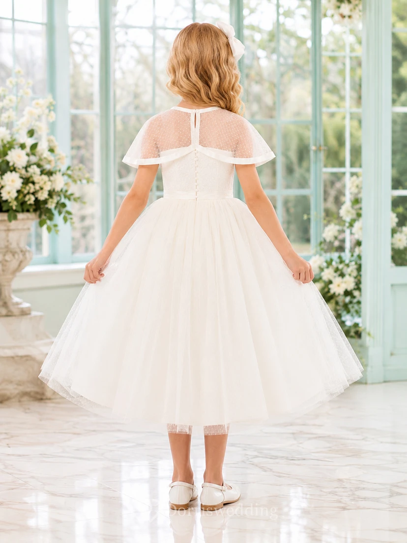 Vestido de niña de las flores para comunión formal con capa corta de tul transparente y lazo blanco view 2