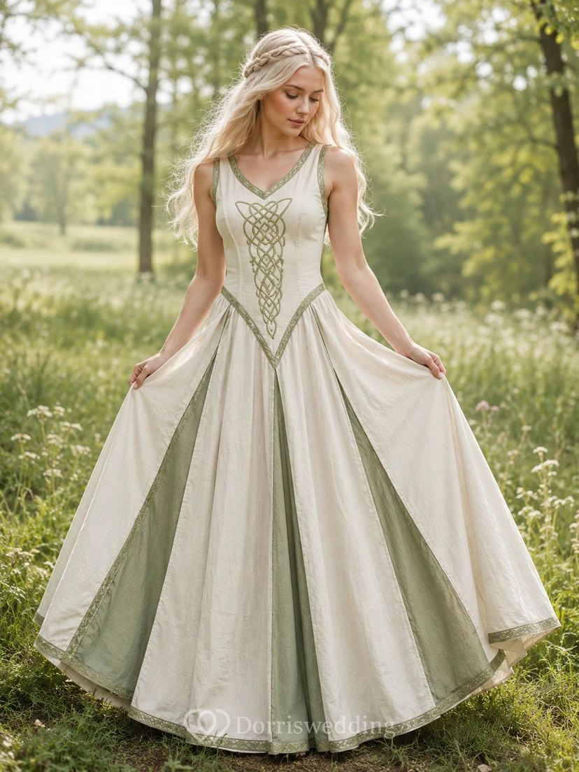 Sage Colorblock V-Neck Sleeveless Tiered Tulle Floor-Length Ball Gown