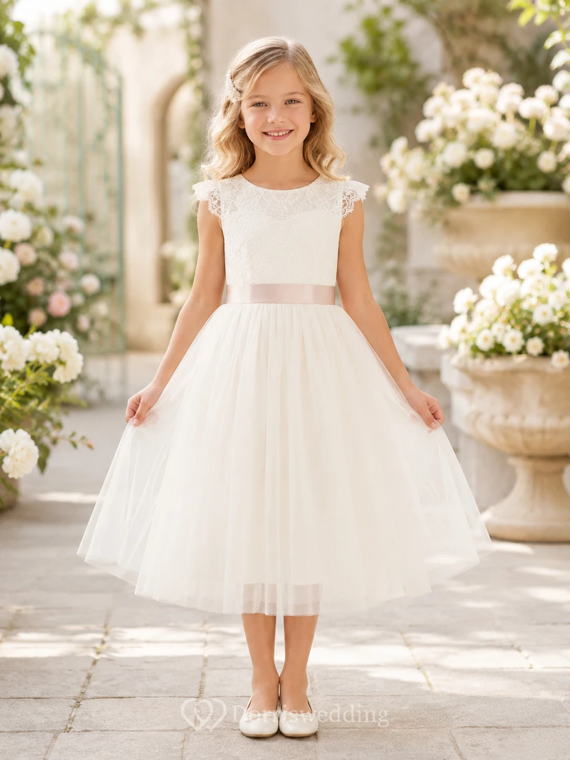 Flower Girl Dress A-Line Cream Soft Lined Tulle Bow Cap Shoulder Formal