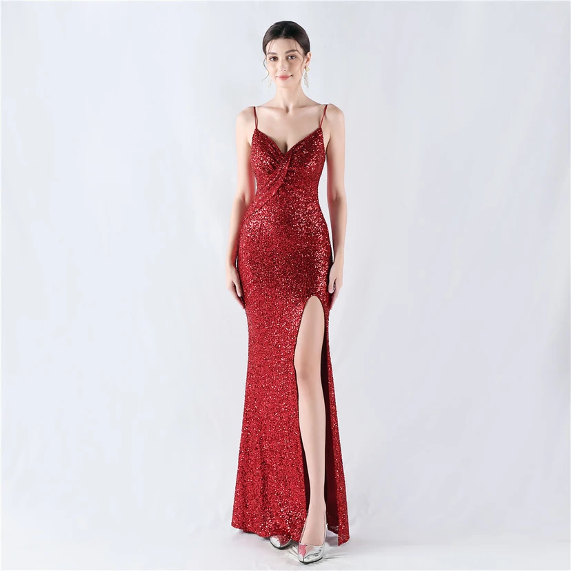 Robe de soirée sexy à sequins et fente haute, avec bretelles et encoche cryptée view 46
