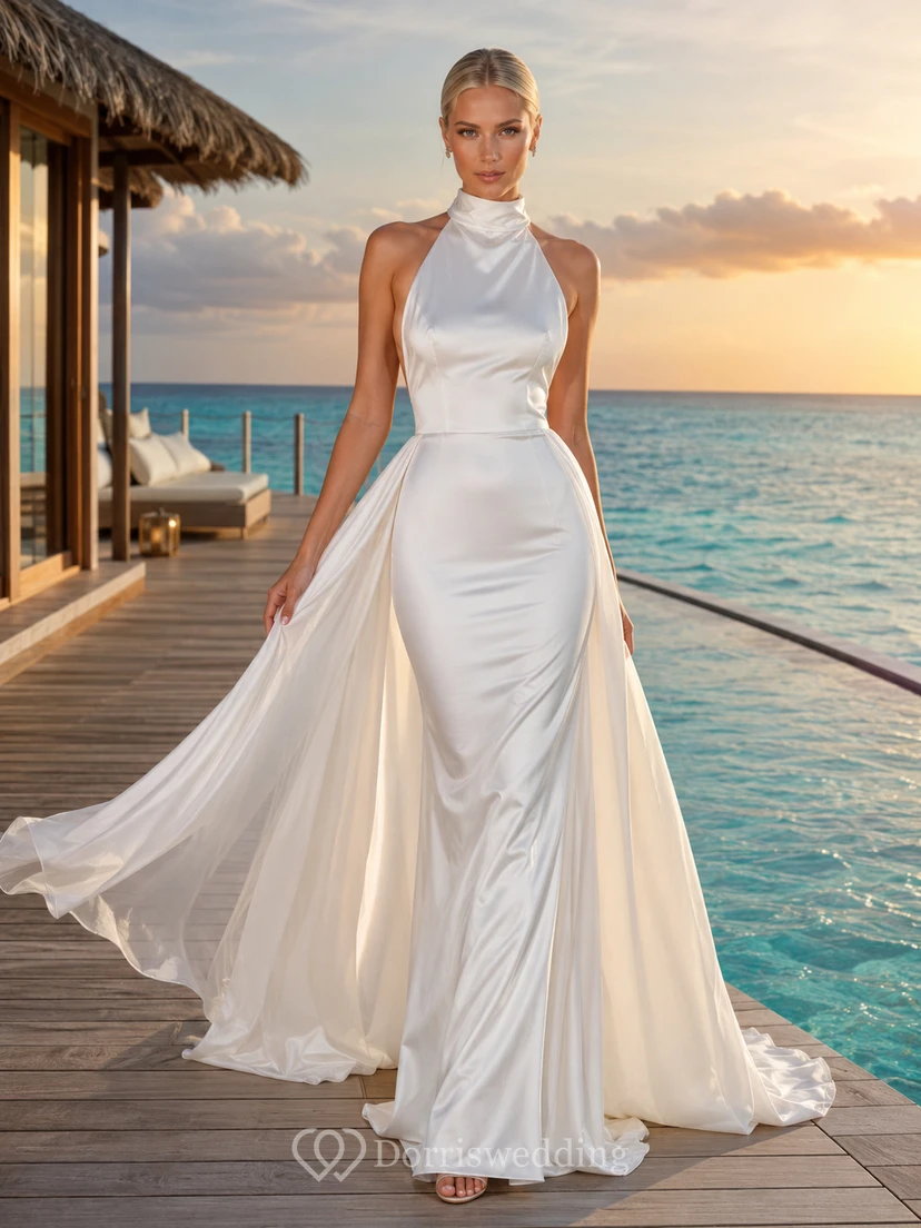 Robe de mariée de luxe pour la plage, col montant dos nu, fourreau en satin avec empiècements fluides en mousseline et traîne chapelle