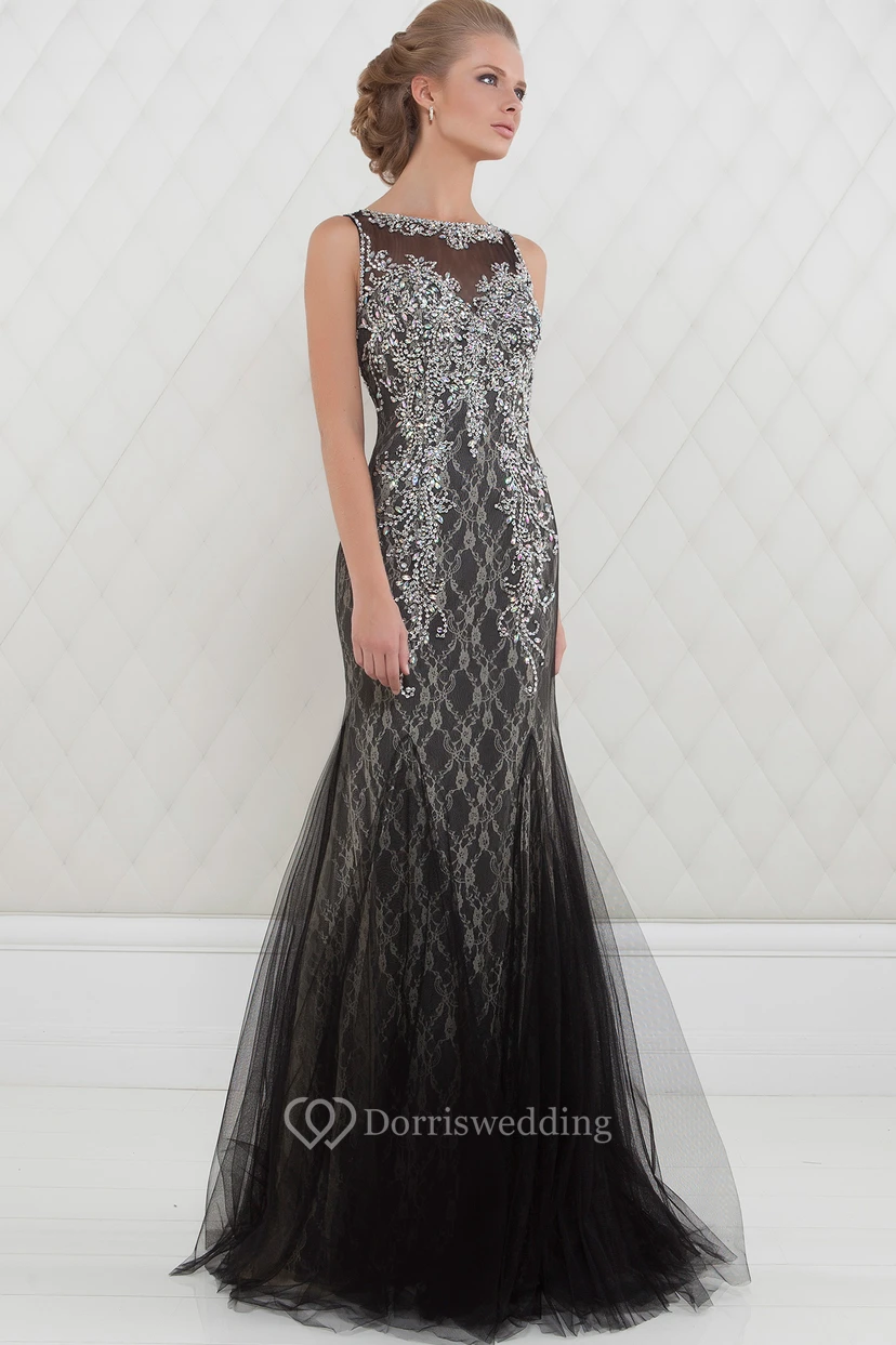 Trumpet Beaded Floor-Length Sleeveless Bateau-Neck Tulle Prom Dress With Lace view 3