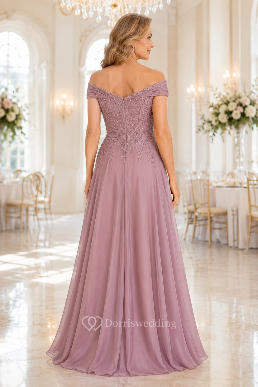 MOB-Kleid aus altrosafarbenem Chiffon mit Spitze, A-Linie, schulterfrei, bodenlang, plissiert view 2