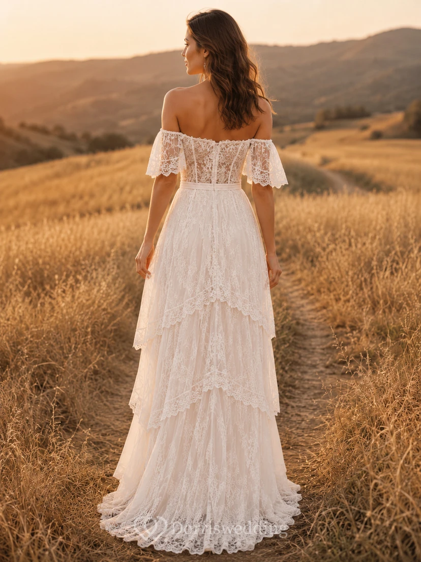 Vestido bohemio de encaje con volantes y hombros descubiertos, estilo pradera dorada view 2