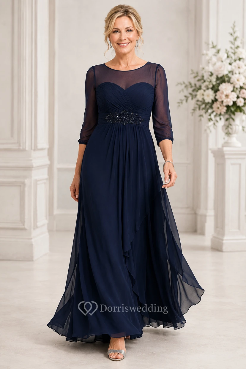 Marineblaues A-Linien-Kleid aus Illusion-Chiffon mit Perlenbesatz an der Taille