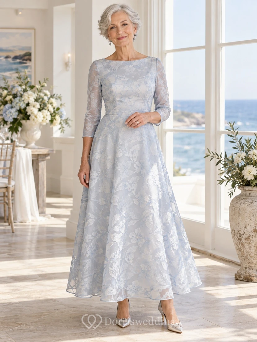 Elegantes Brautkleid in A-Linie mit U-Boot-Ausschnitt, knöchellang, floralem Jacquardmuster und Dreiviertelärmeln für ältere Bräute