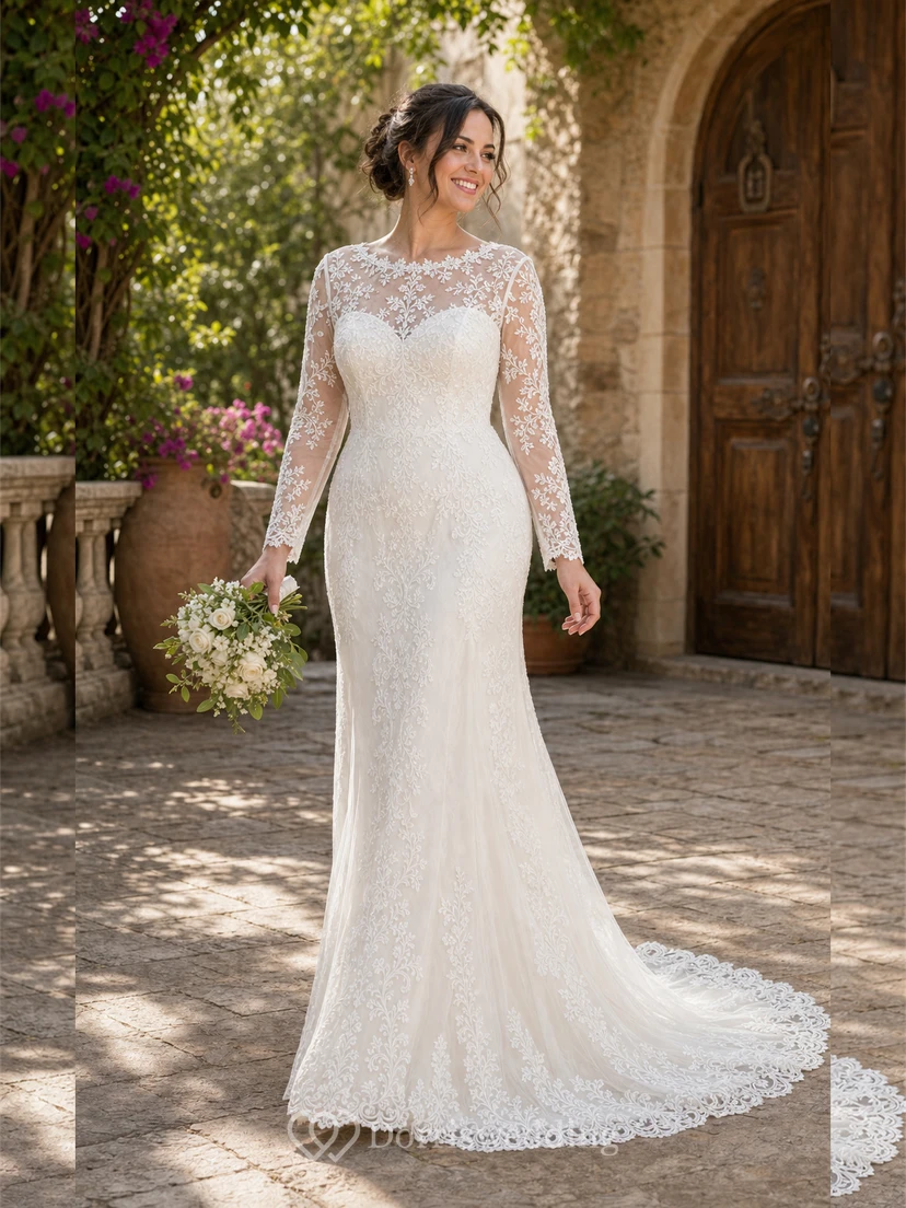 Sheath Long-Sleeve High Neck Tulle&Lace Wedding Dress With Sweep Train view 10