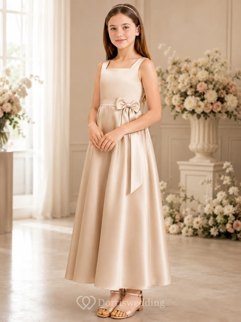 Vestido de dama de honor juvenil color champán, corte en A, escote corazón, sin mangas, detalle de lazo de satén, elegante.