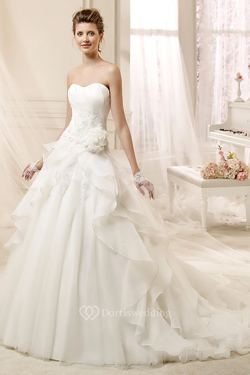 Strapless A-line Wedding Dress with Flowers and Ruffles 