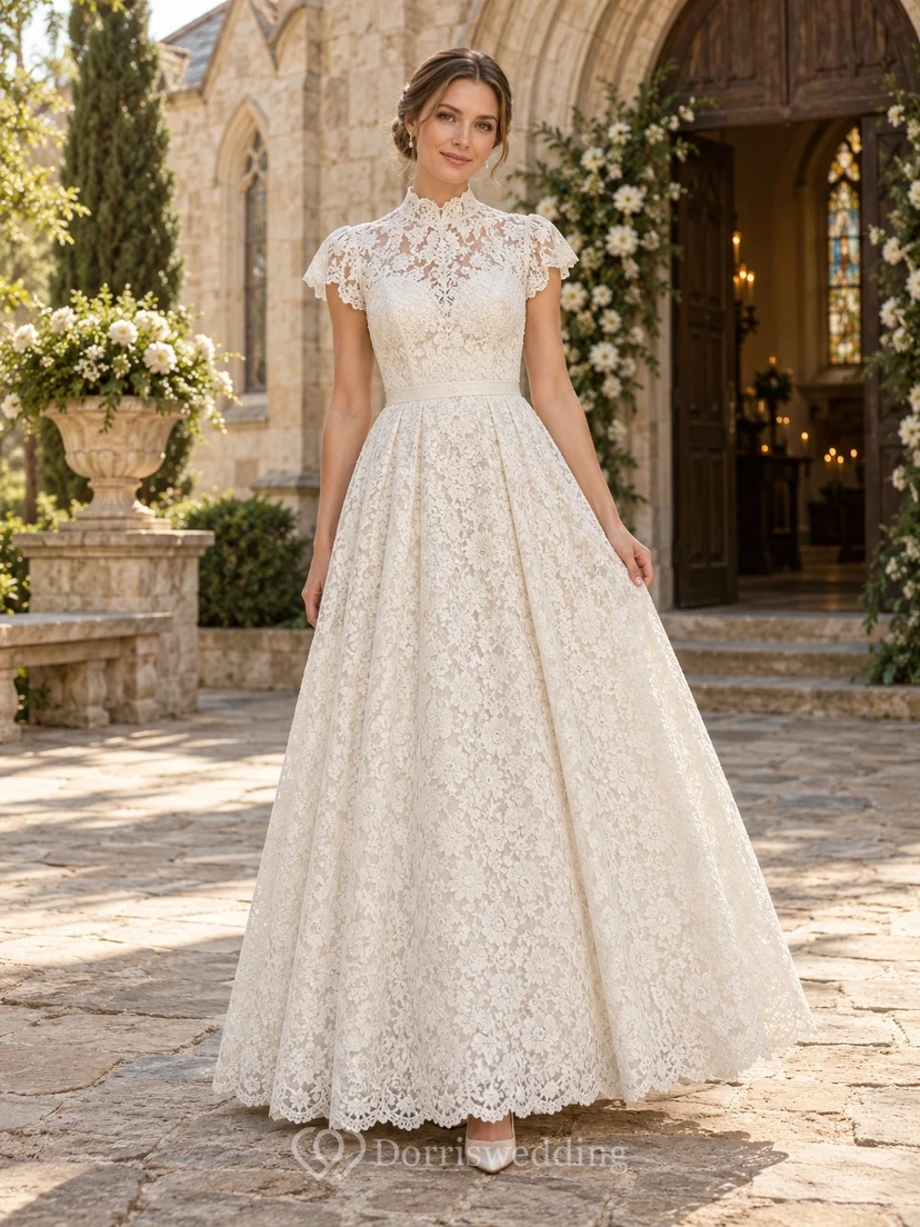 Vestido de novia de cuello alto, discreto, con encaje floral, mangas cortas, largo hasta los tobillos y falda acampanada con borde festoneado.