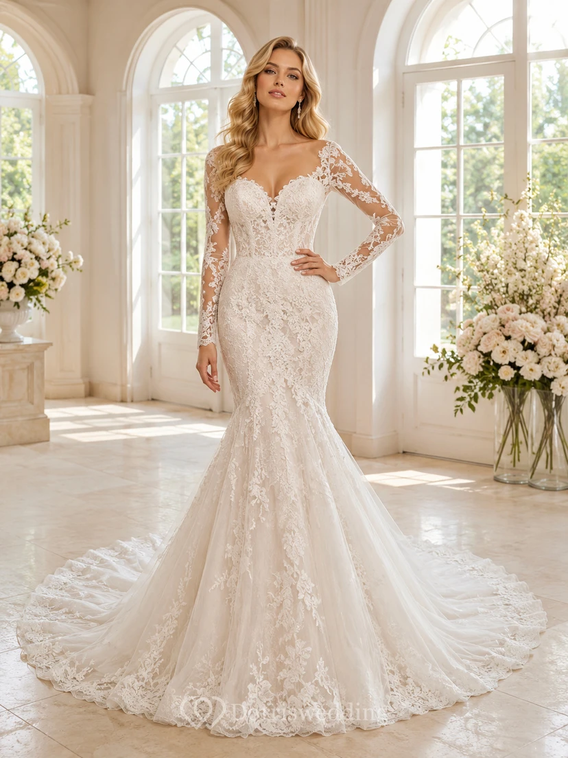 Robe de mariée sirène en dentelle raffinée, asymétrique, à une épaule et une manche, avec traîne chapelle et applications florales, dos nu plongeant en V.