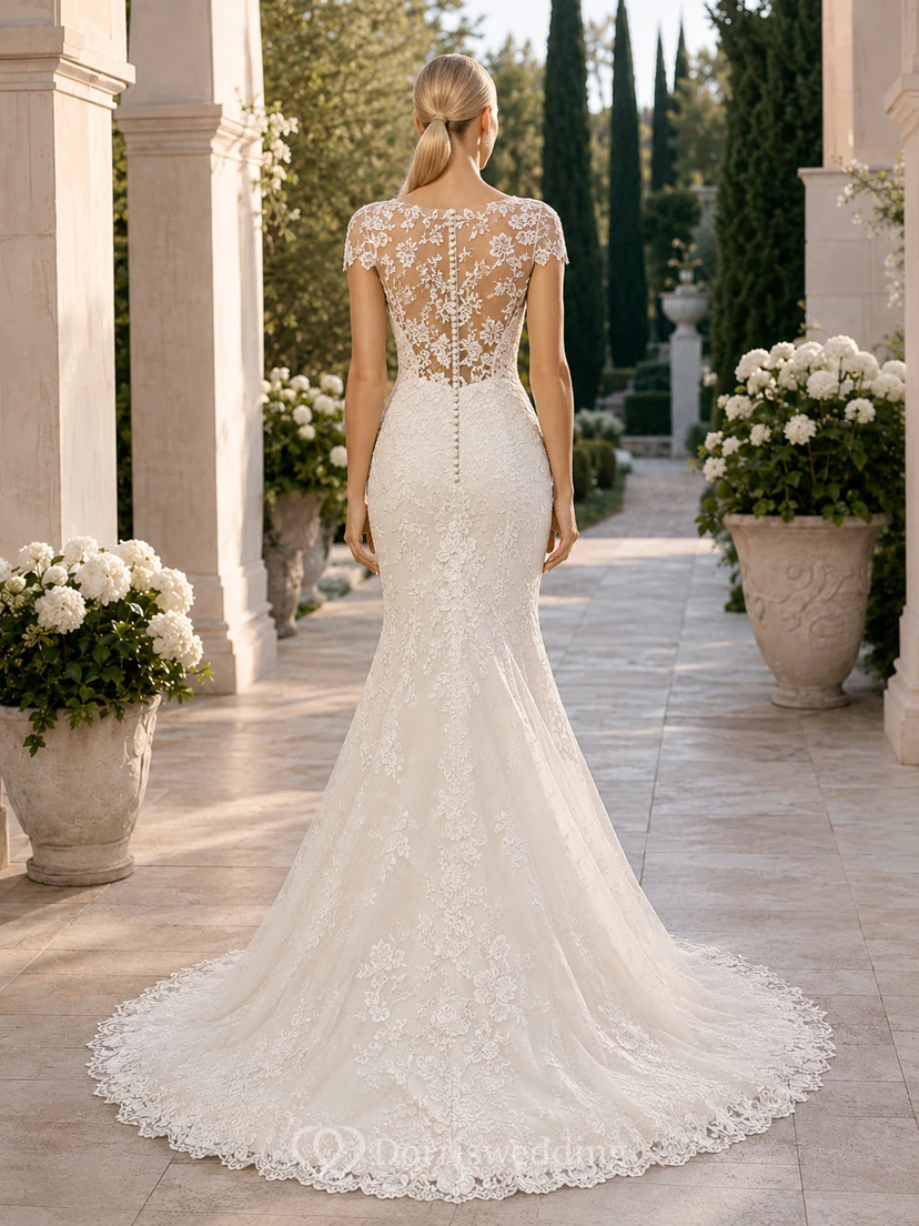 Robe de mariée sirène en dentelle à manches courtes illusion, style jardin view 2