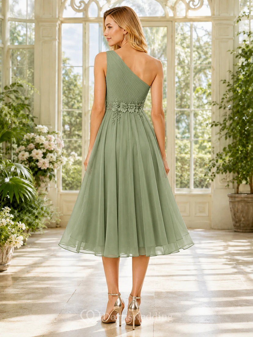 Vestido de gala de gasa con un solo hombro, estampado floral y cintura en cascada, corte A, color verde salvia. view 2