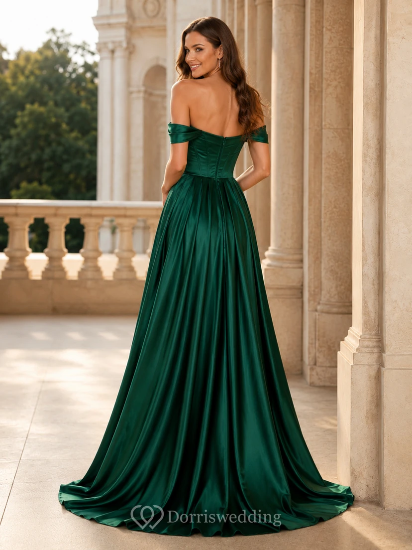 Emerald Off Shoulder Ruched Satin A-Line Floor Length Slit Prom Dress view 2
