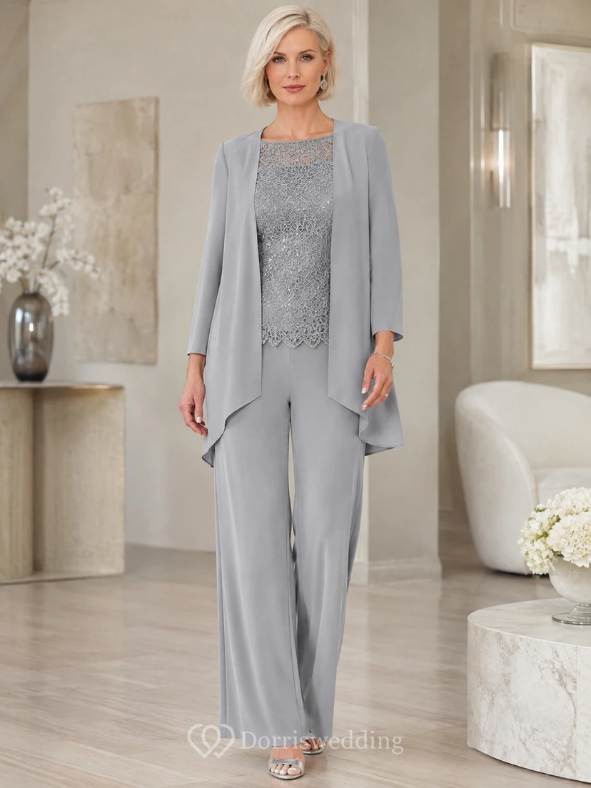Stahlgraues, schlichtes Chiffon-Langarmkleid für Mütter, zweiteilig