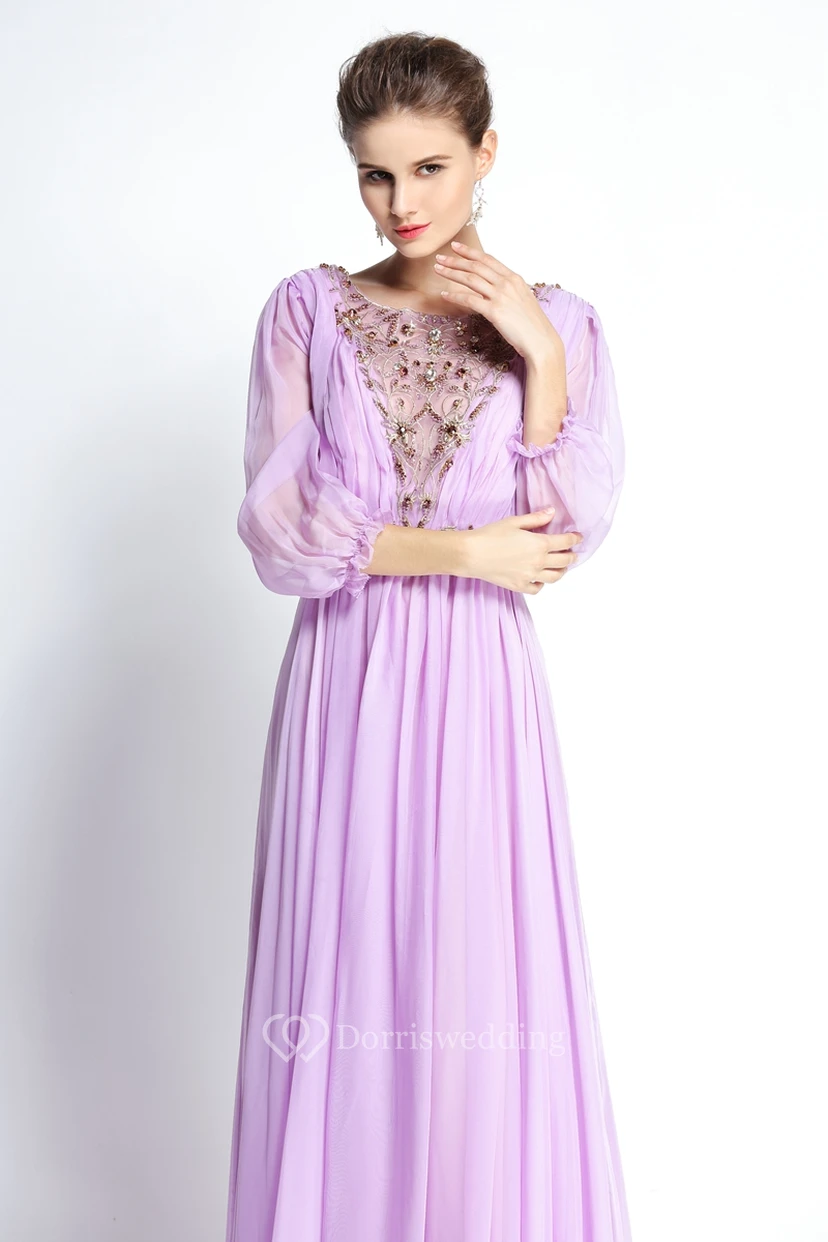 A-Line Floor-length Sweep Brush Train Bateau Chiffon Long Sleeve Prom Dress with Beading and Pleats view 4