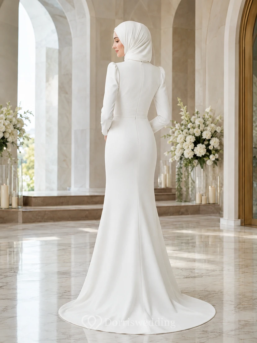 Modest Muslim Long Sleeve High Neck Crepe Sheath Wedding Dress view 2