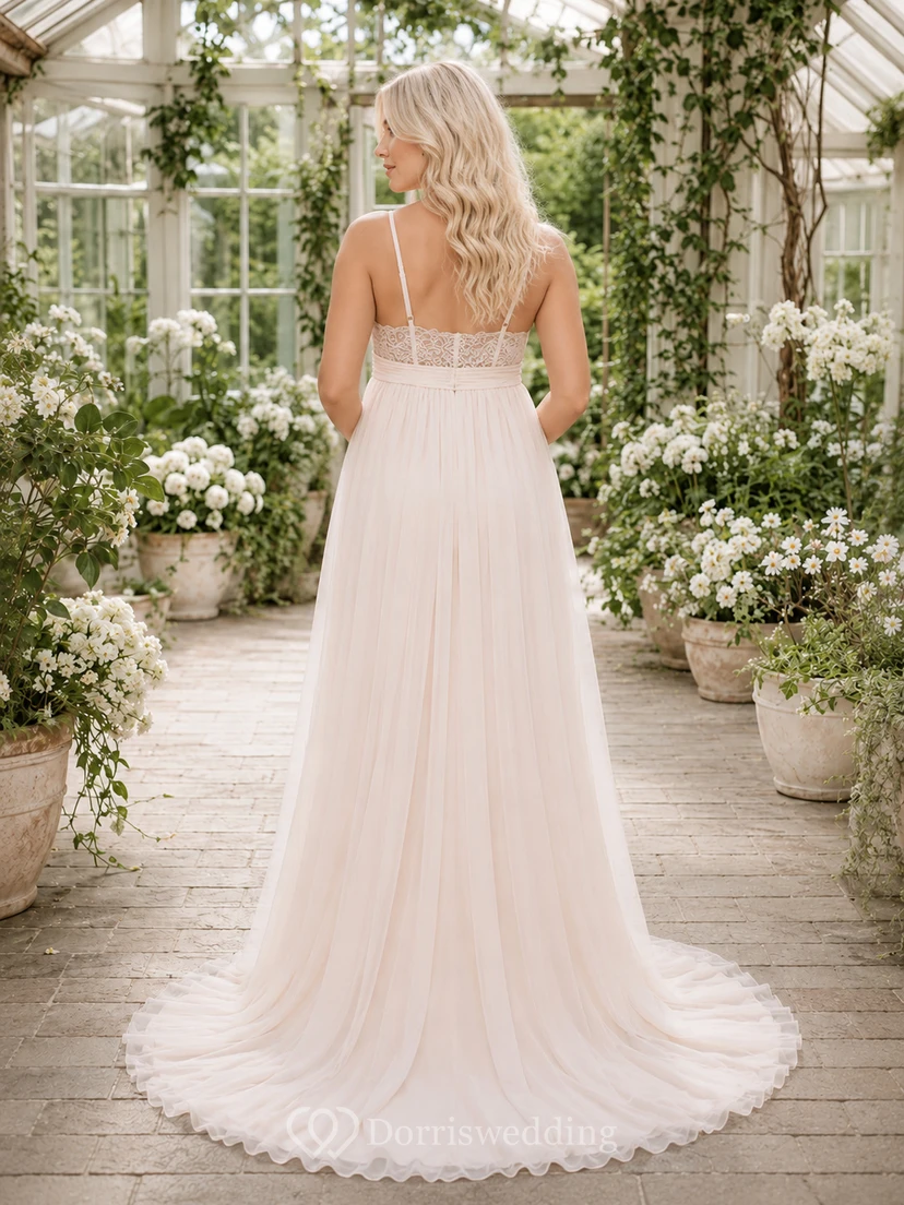 Vestido de novia de invierno con tirantes finos y corpiño de encaje para embarazadas view 2