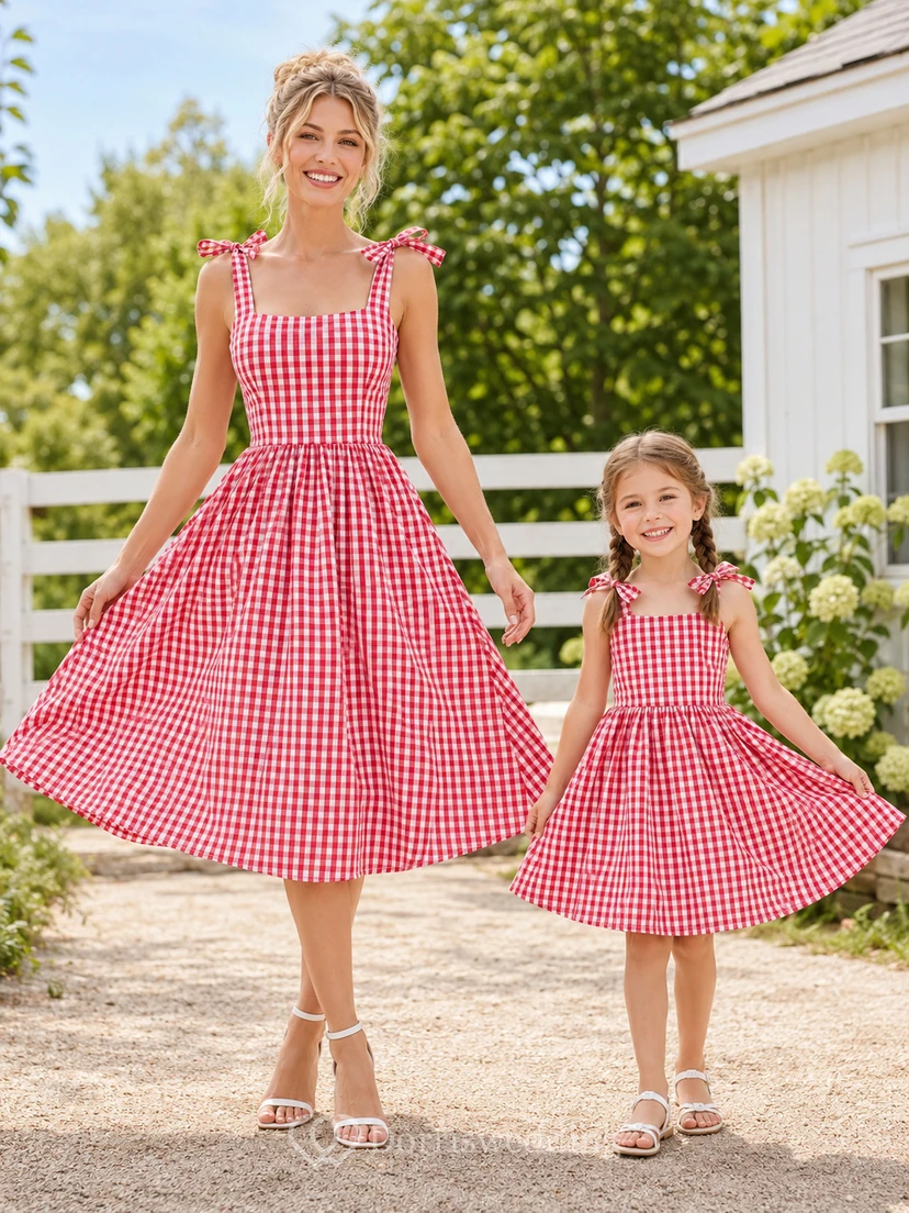 Vestido de tafetán de corte A, largo midi, estilo vintage campestre, con escote cuadrado y tirantes de lazo, color rojo vichy.