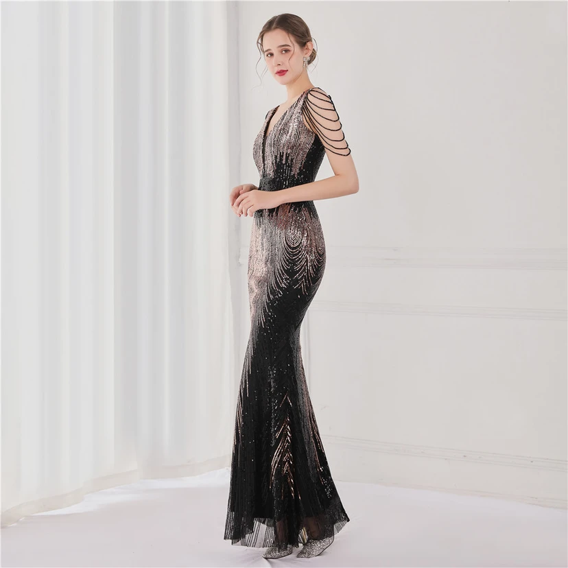Vestido largo de lentejuelas con cola de pez, ideal para eventos, banquetes, eventos de celebridades y eventos de moda. Vestido de noche con etiqueta para modelos de automóviles. view 12
