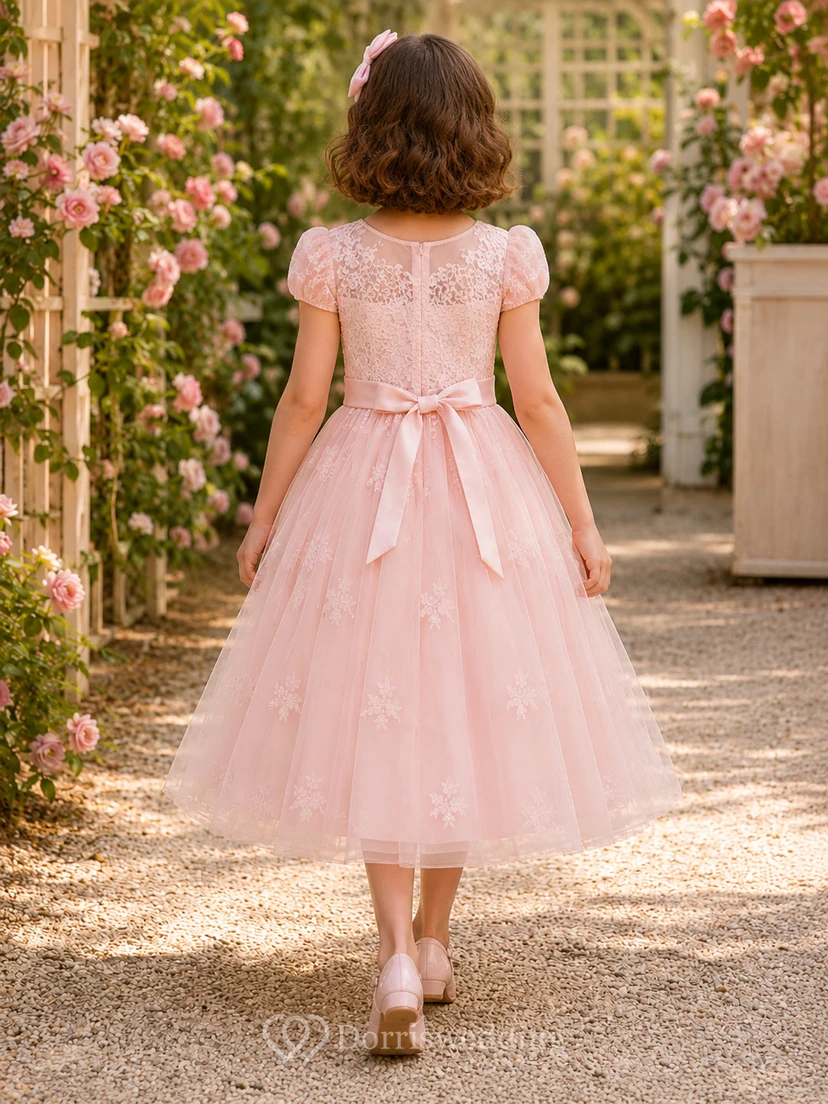 A-Line 1950s Tea-Length Flower Girl Dress with Puff Sleeves, Lace Bodice, Soft Tulle Skirt, Tea-Length Hem, 1950s Garden Style view 2