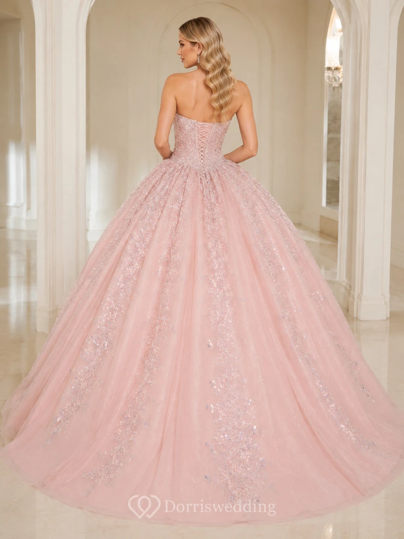 Blushing Pink Silver Luxury Strapless Mirror Sequin Embroidered Quinceanera Princess Ball Gown view 2
