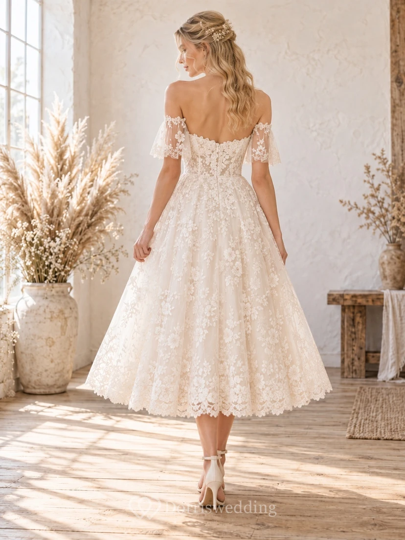 Boho Tea-length Off Shoulder Floral Lace A-Line Wedding Dress view 2