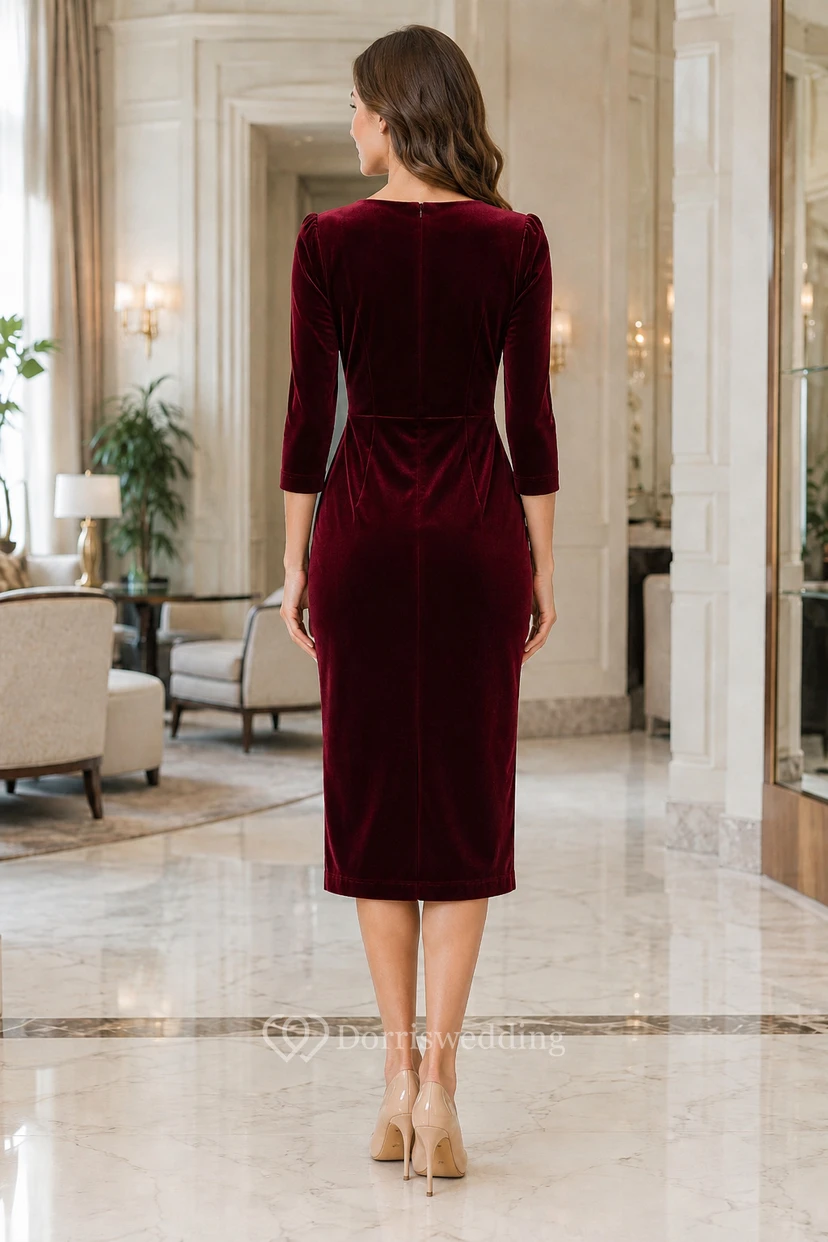 Robe cocktail midi en velours bordeaux à col carré et manches 3/4, idéale pour la mère de la mariée, les invitées à un mariage et les événements formels. view 2