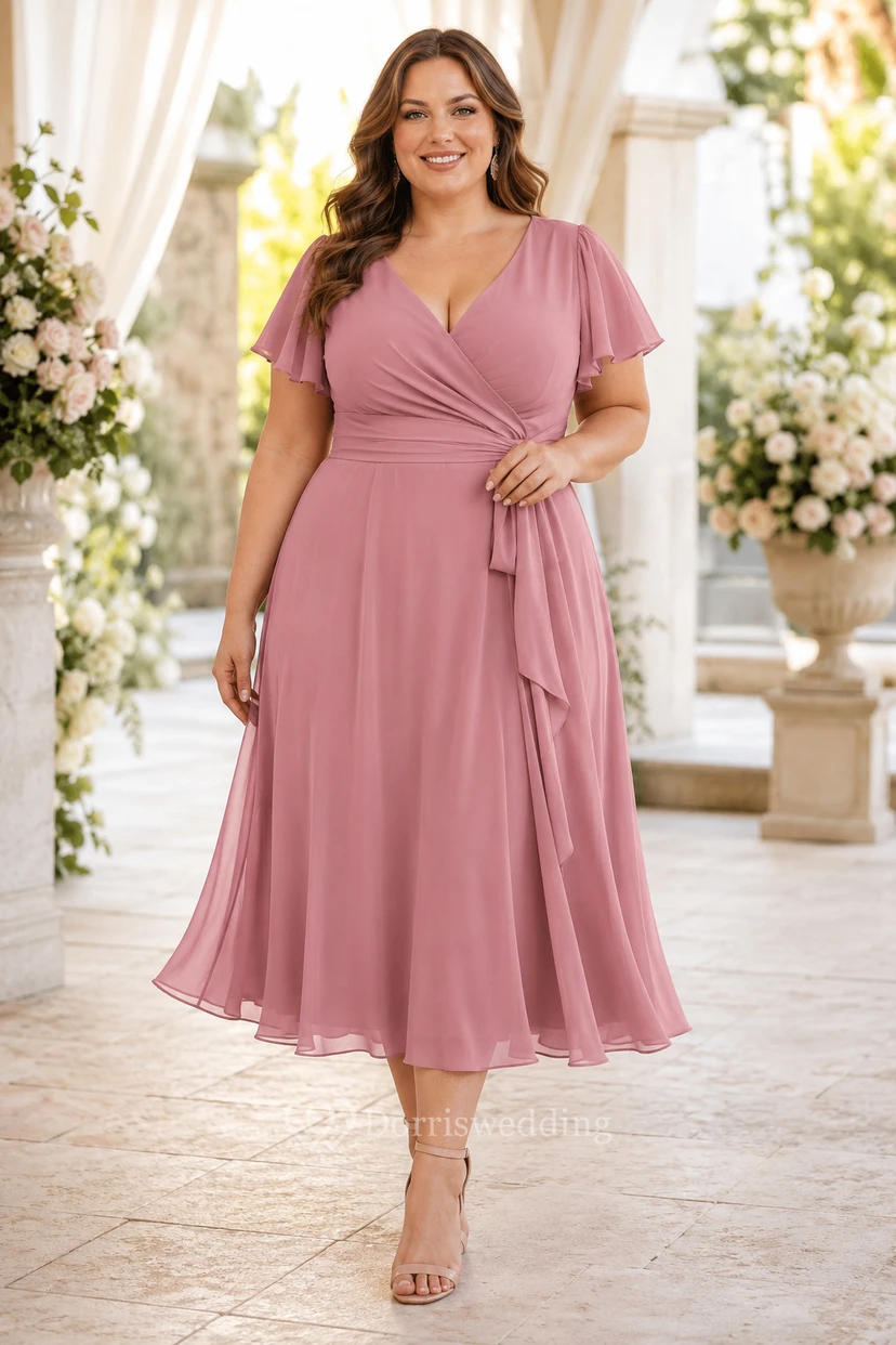 Vestido de gasa de talla grande con escote en V y largo hasta la rodilla en color rosa empolvado