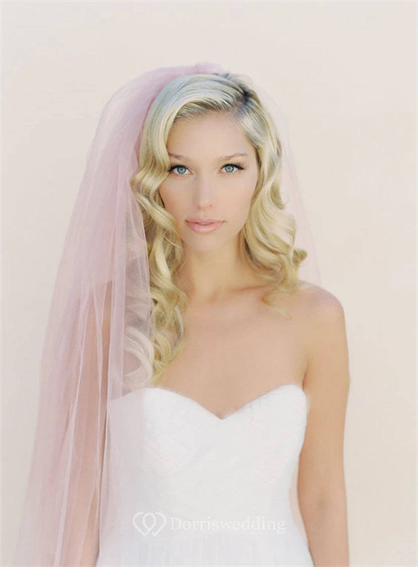 Pink Simple Soft Trailing Plain Tulle Veil view 4
